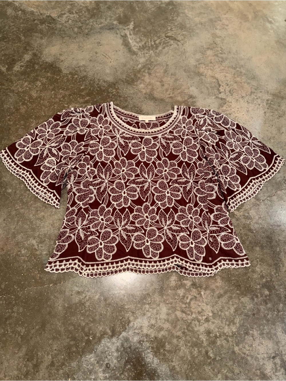 Solitaire Brown Floral Embroidered Blouse Large Fall Thanksgiving Autumn Harvest